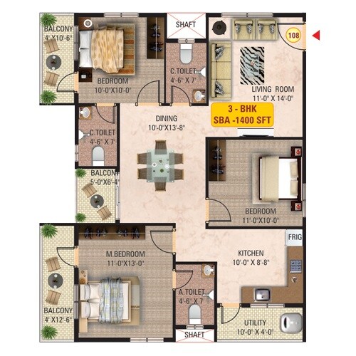 Floor plan of 2 BHK 1400 Sq. Ft. Apartment in Sri Mitra Solitaire, Bangalore