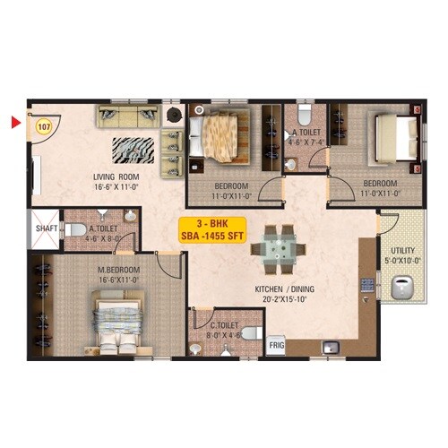 Floor plan of 3 BHK 1455 Sq. Ft. Apartment in Sri Mitra Solitaire, Bangalore
