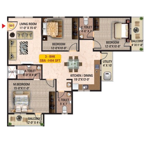 Floor plan of 3 BHK 1494 Sq. Ft. Apartment in Sri Mitra Solitaire, Bangalore