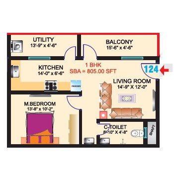 Floor plan of 1 BHK 805 Sq. Ft. Apartment in Sri Mitra Symphony, Bangalore