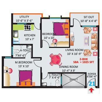 Floor plan of 2 BHK 1025 Sq. Ft. Apartment in Sri Mitra Symphony, Bangalore
