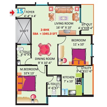Floor plan of 2 BHK 1045 Sq. Ft. Apartment in Sri Mitra Symphony, Bangalore