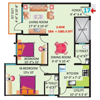 Floor plan of 2 BHK 1085 Sq. Ft. Apartment in Sri Mitra Symphony, Bangalore