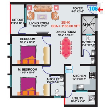 Floor plan of 2 BHK 1185 Sq. Ft. Apartment in Sri Mitra Symphony, Bangalore