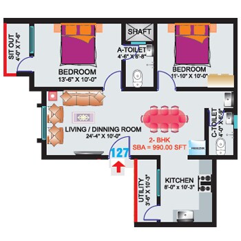 Floor plan of 2 BHK 990 Sq. Ft. Apartment in Sri Mitra Symphony, Bangalore