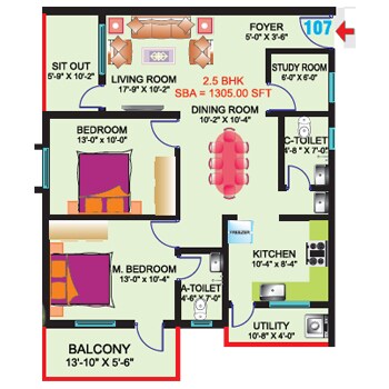 Floor plan of 2 BHK 1305 Sq. Ft. Apartment in Sri Mitra Symphony, Bangalore