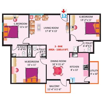 Floor plan of 3 BHK 1585 Sq. Ft. Apartment in Sri Mitra Symphony, Bangalore
