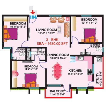 Floor plan of 3 BHK 1630 Sq. Ft. Apartment in Sri Mitra Symphony, Bangalore