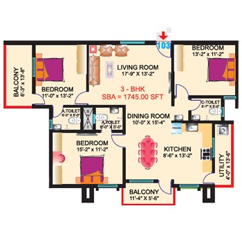 Floor plan of 3 BHK 1745 Sq. Ft. Apartment in Sri Mitra Symphony, Bangalore