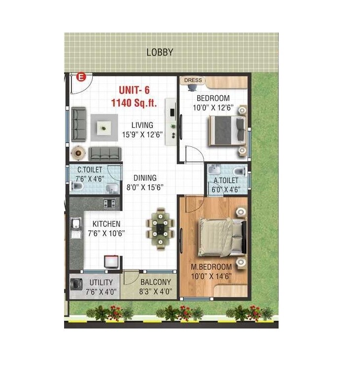 Floor plan of 2 BHK 1140 Sq. Ft. Apartment in Sri Murari Grand, Bangalore