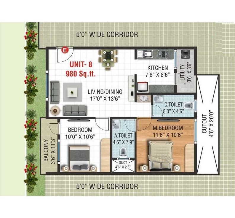 Floor plan of 2 BHK 980 Sq. Ft. Apartment in Sri Murari Grand, Bangalore