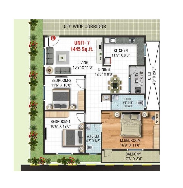 Floor plan of 3 BHK 1445 Sq. Ft. Apartment in Sri Murari Grand, Bangalore