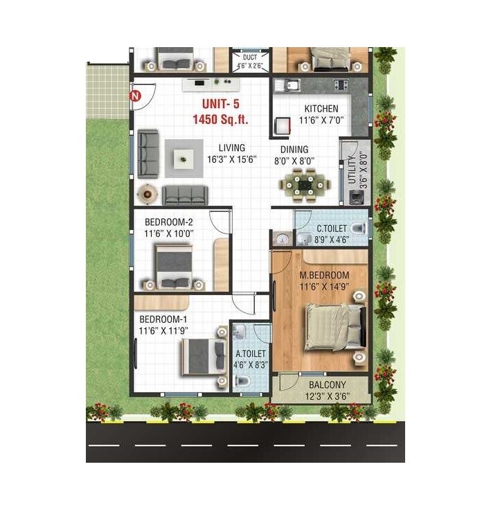 Floor plan of 3 BHK 1450 Sq. Ft. Apartment in Sri Murari Grand, Bangalore