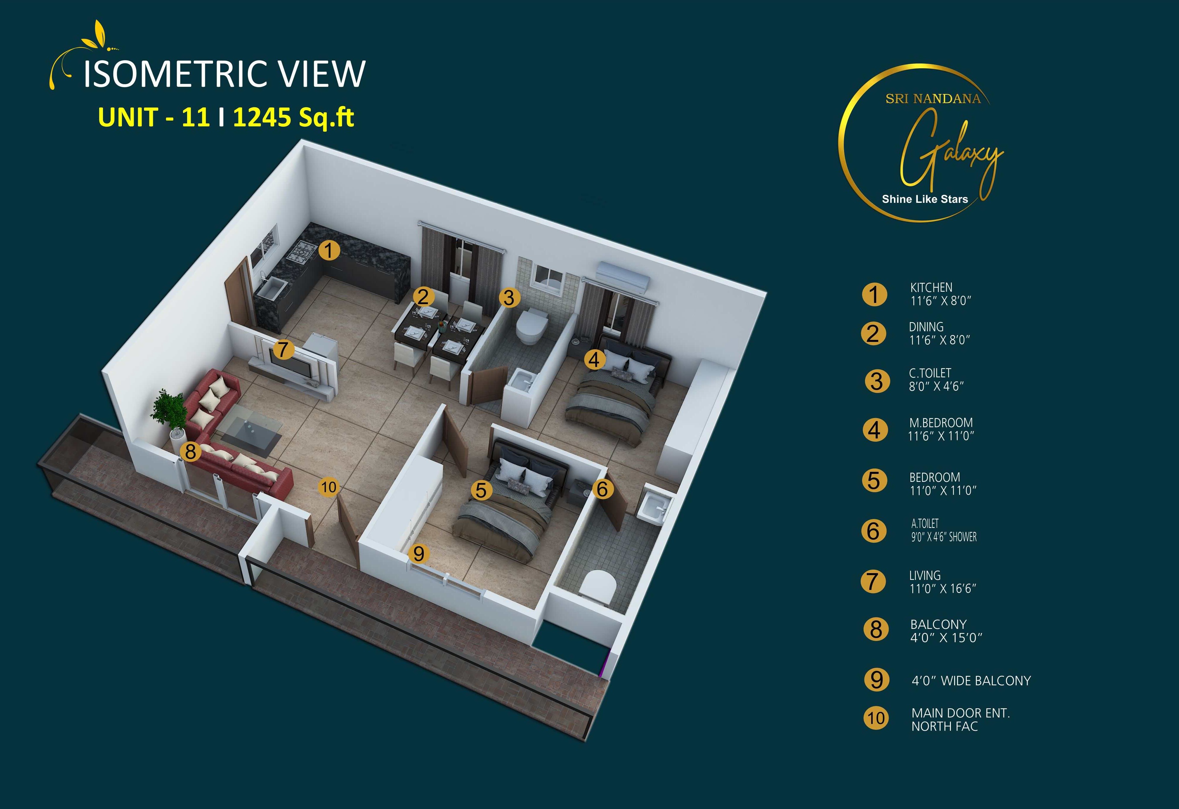 Floor plan of 2 BHK 1245 Sq. Ft. Apartment in Sri Nandana Galaxy, Bangalore