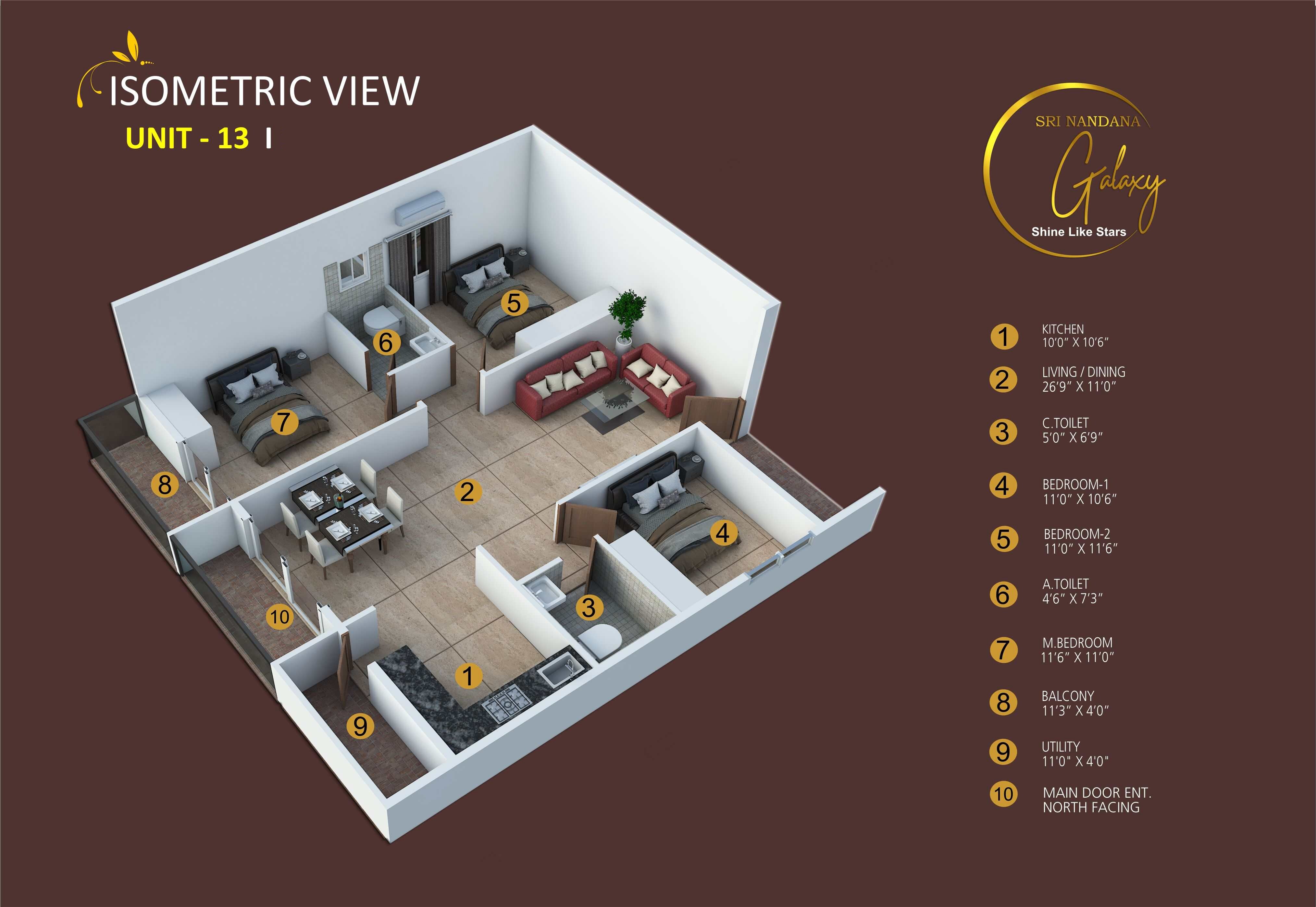 Floor plan of 3 BHK 1485 Sq. Ft. Apartment in Sri Nandana Galaxy, Bangalore