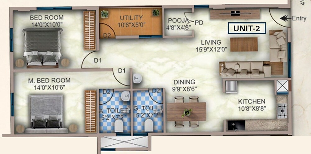 Floor plan of 2 BHK 1331 Sq. Ft. Apartment in Sri Nanjundeshwara Residency, Bangalore