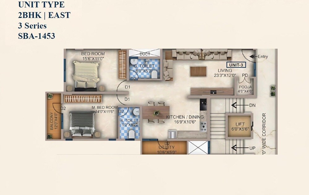 Floor plan of 2 BHK 1453 Sq. Ft. Apartment in Sri Nanjundeshwara Residency, Bangalore