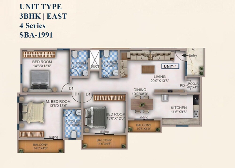 Floor plan of 3 BHK 1991 Sq. Ft. Apartment in Sri Nanjundeshwara Residency, Bangalore