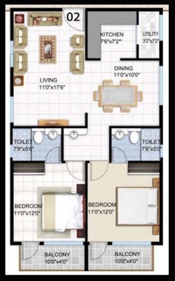 Floor plan of 2 BHK 1130 Sq. Ft. Apartment in Sri Nidhi Sarovar, Bangalore