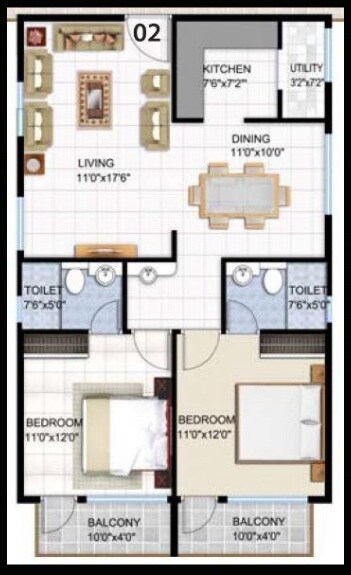 Floor plan of 3 BHK 1395 Sq. Ft. Apartment in Sri Nidhi Sarovar, Bangalore