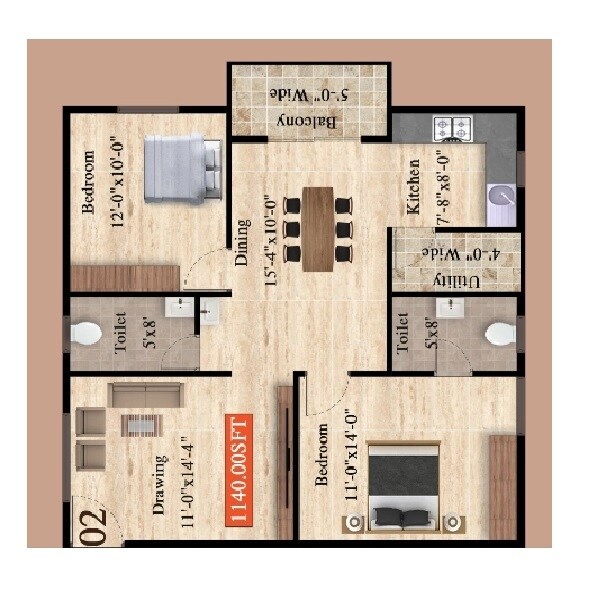 2 BHK 1140 Sq. Ft. Apartment