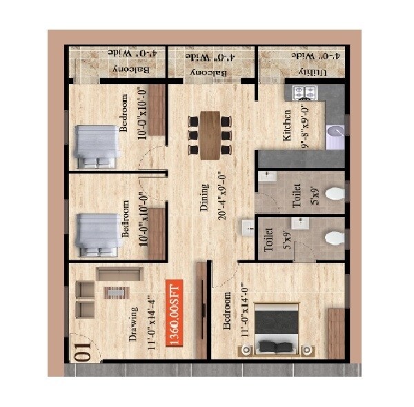 3 BHK 1360 Sq. Ft. Apartment