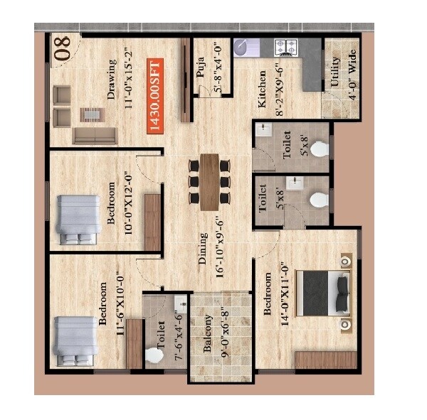 Floor plan of 3 BHK 1430 Sq. Ft. Apartment in Sri Sai Bharath Towers, Bangalore
