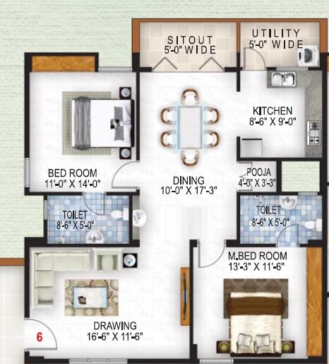 Floor plan of 2 BHK 1260 Sq. Ft. Apartment in Sri Sai Jingle Heights, Bangalore