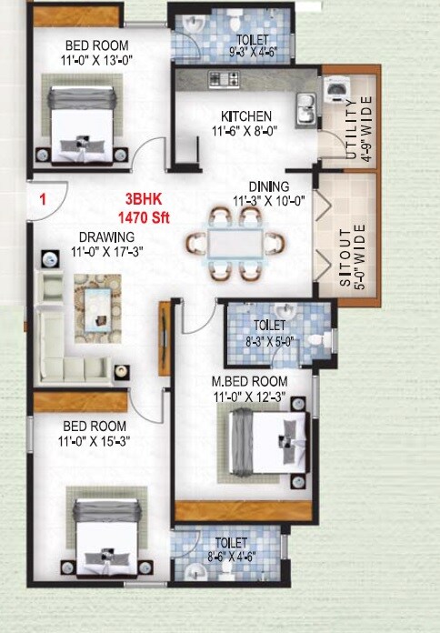 Floor plan of 3 BHK 1470 Sq. Ft. Apartment in Sri Sai Jingle Heights, Bangalore
