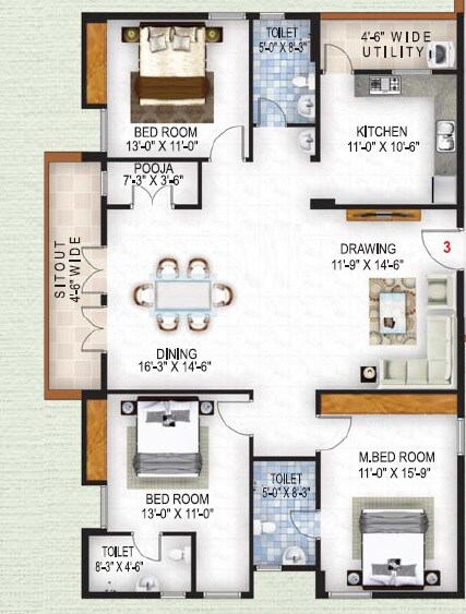 Floor plan of 3 BHK 1845 Sq. Ft. Apartment in Sri Sai Jingle Heights, Bangalore