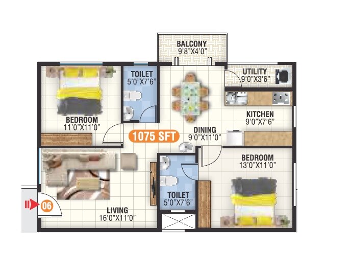 Floor plan of 2 BHK 1075 Sq. Ft. Apartment in Sri Sai Krupa Meadows, Bangalore