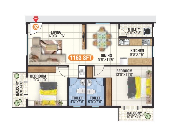 Floor plan of 2 BHK 1163 Sq. Ft. Apartment in Sri Sai Krupa Meadows, Bangalore