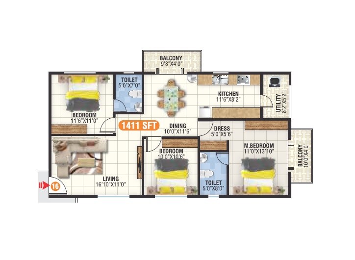 Floor plan of 3 BHK 1411 Sq. Ft. Apartment in Sri Sai Krupa Meadows, Bangalore