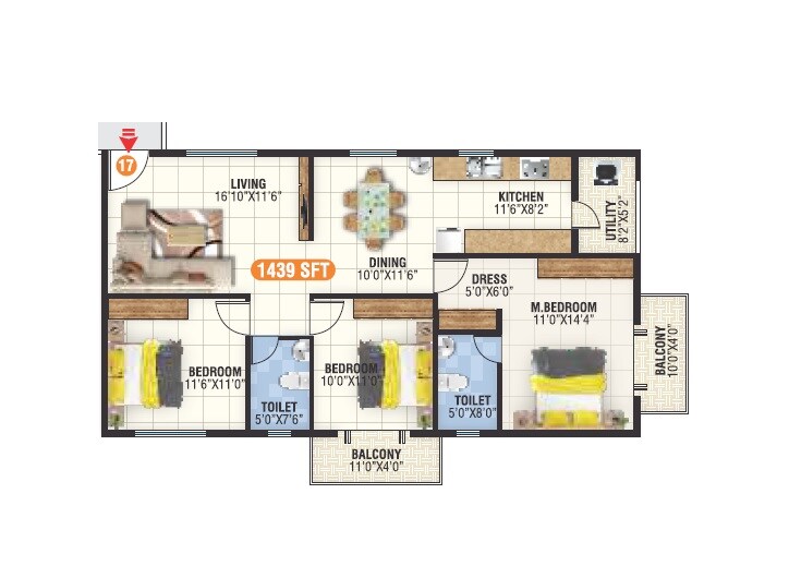 Floor plan of 3 BHK 1439 Sq. Ft. Apartment in Sri Sai Krupa Meadows, Bangalore