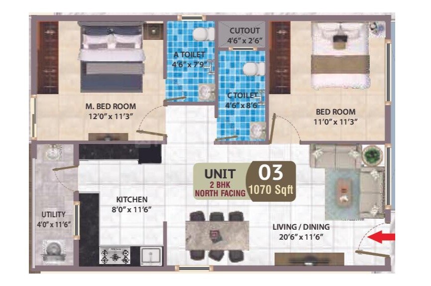 Floor plan of 2 BHK 1070 Sq. Ft. Apartment in Sri Sai Nandana Crystal, Bangalore