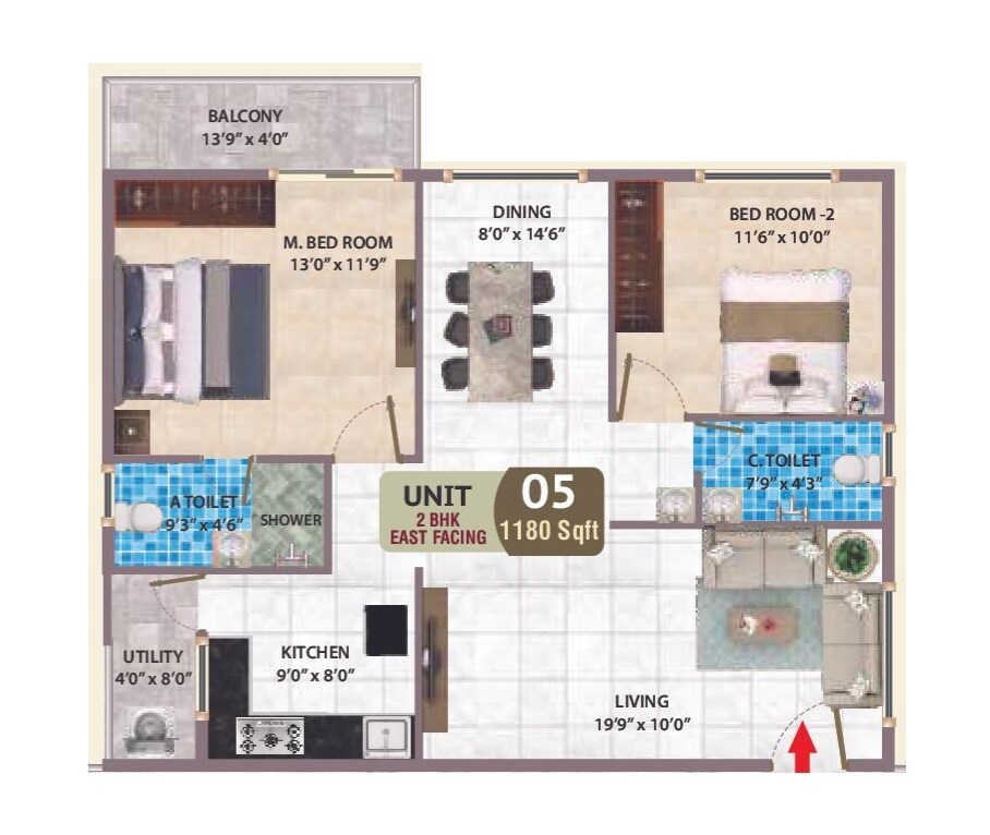 Floor plan of 2 BHK 1180 Sq. Ft. Apartment in Sri Sai Nandana Crystal, Bangalore