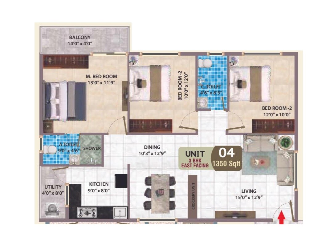 Floor plan of 3 BHK 1350 Sq. Ft. Apartment in Sri Sai Nandana Crystal, Bangalore