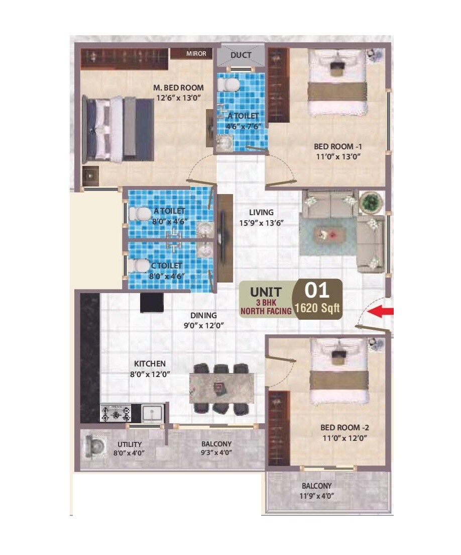 Floor plan of 3 BHK 1620 Sq. Ft. Apartment in Sri Sai Nandana Crystal, Bangalore