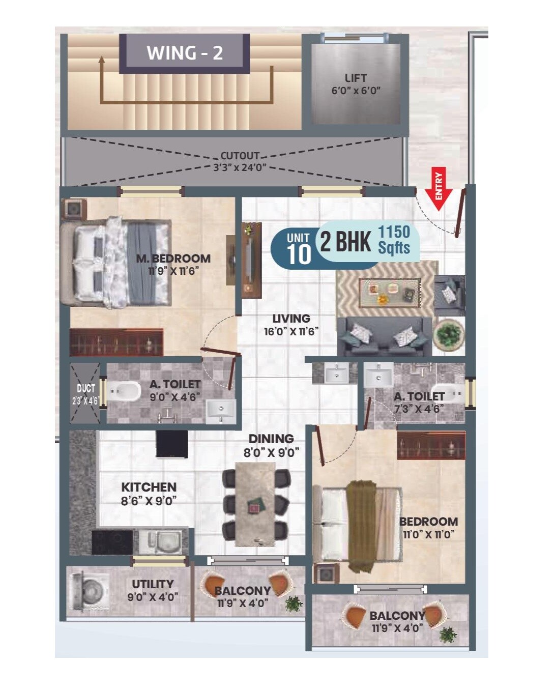 Floor plan of 2 BHK 1150 Sq. Ft. Apartment in Sri Sai Nandana Regal, Bangalore