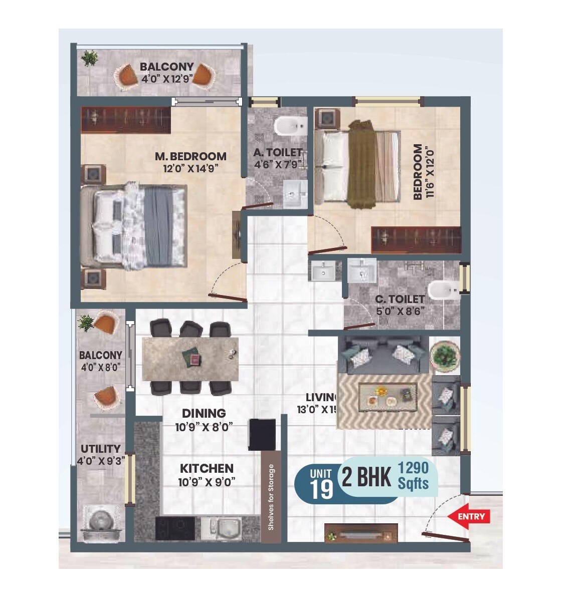 Floor plan of 2 BHK 1290 Sq. Ft. Apartment in Sri Sai Nandana Regal, Bangalore