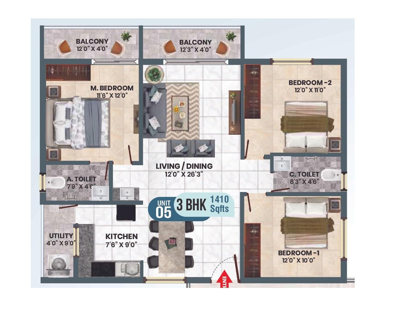 Floor plan of 3 BHK 1410 Sq. Ft. Apartment in Sri Sai Nandana Regal, Bangalore