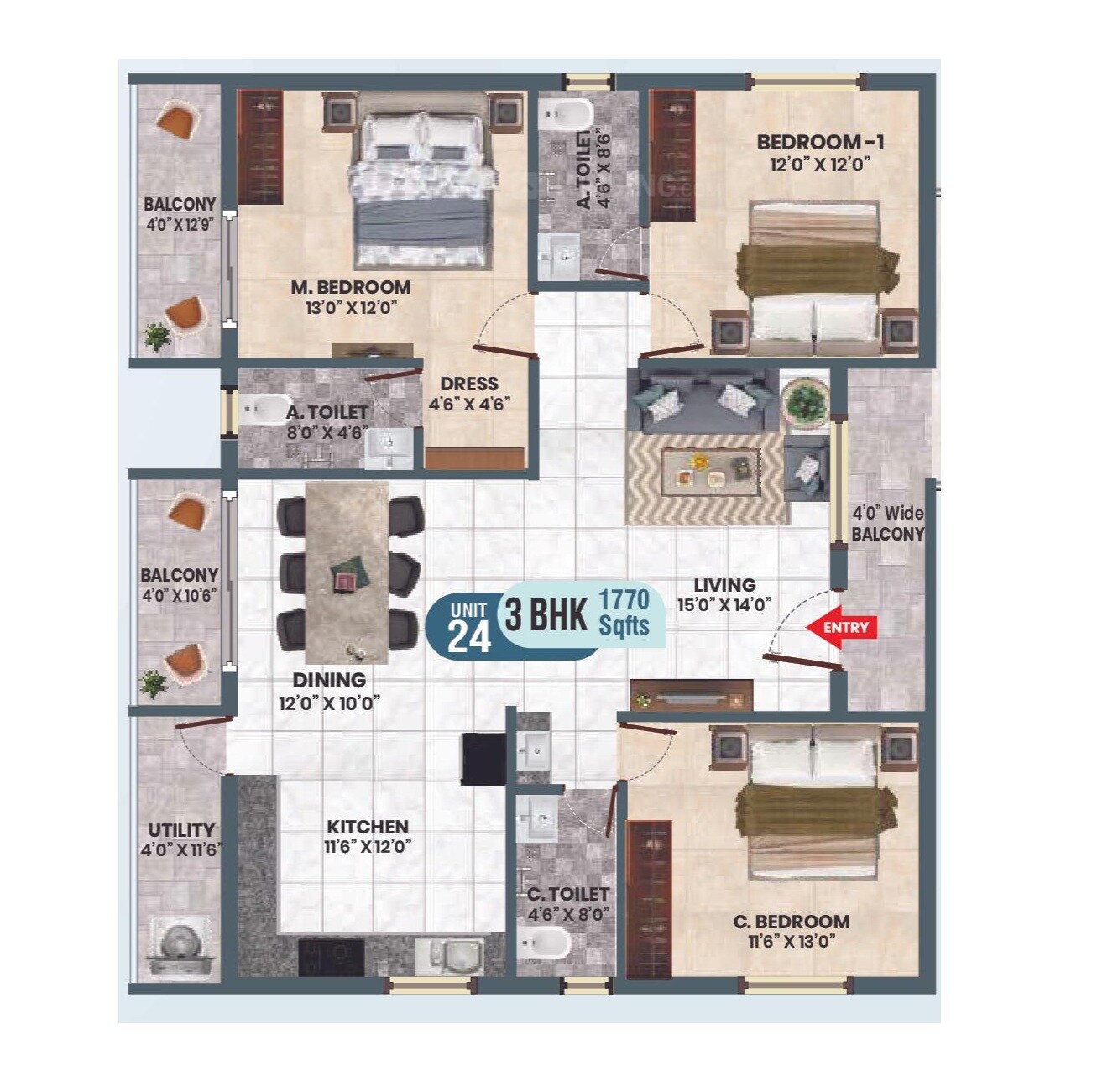 Floor plan of 3 BHK 1770 Sq. Ft. Apartment in Sri Sai Nandana Regal, Bangalore
