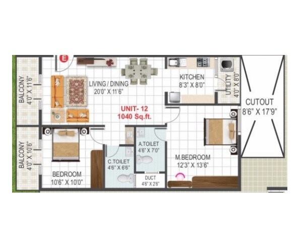 Floor plan of 2 BHK 1040 Sq. Ft. Apartment in Sri Sai Samraksha, Bangalore