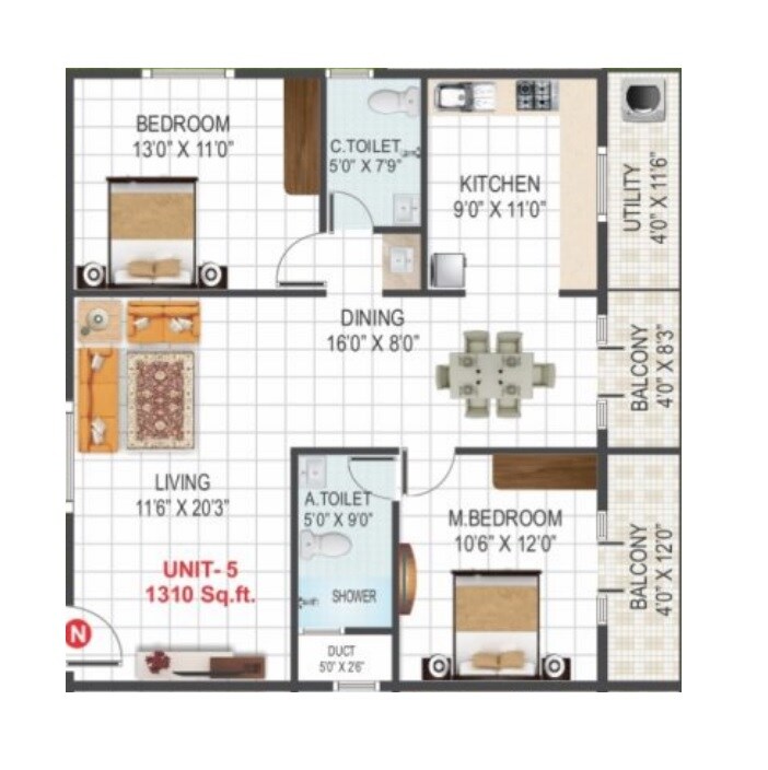 Floor plan of 2 BHK 1310 Sq. Ft. Apartment in Sri Sai Samraksha, Bangalore