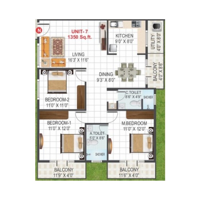 Floor plan of 3 BHK 1350 Sq. Ft. Apartment in Sri Sai Samraksha, Bangalore