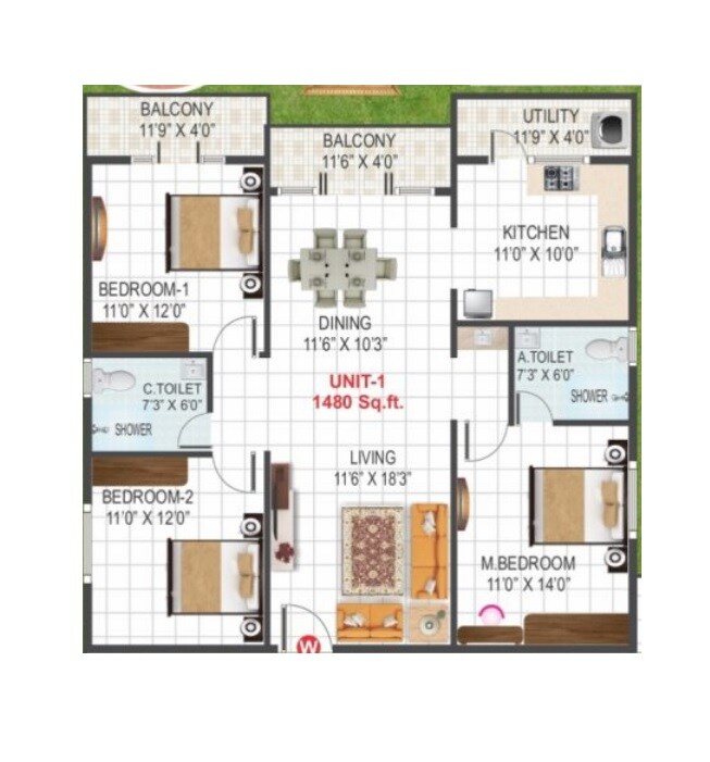 Floor plan of 3 BHK 1480 Sq. Ft. Apartment in Sri Sai Samraksha, Bangalore