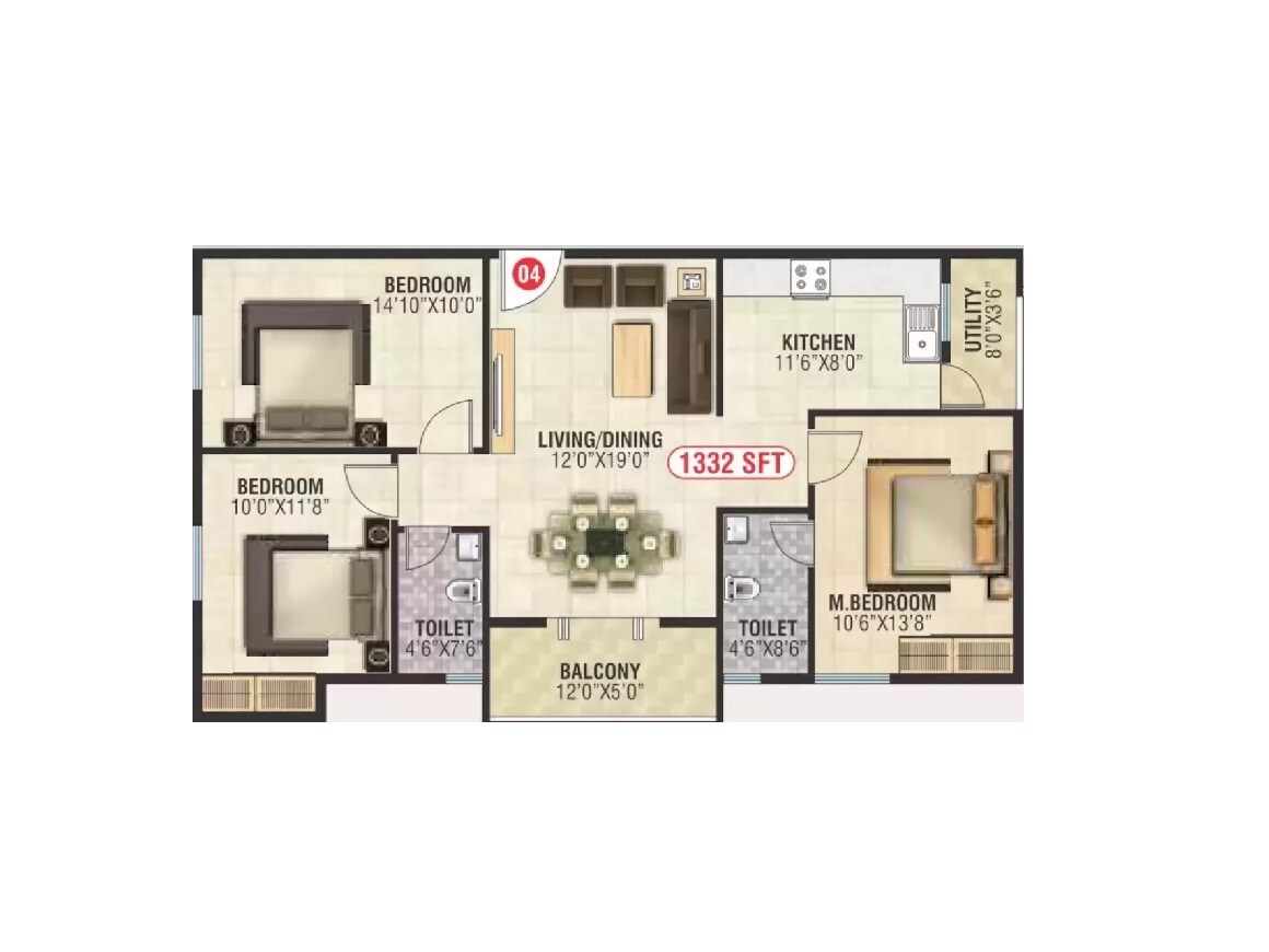 3 BHK 1332 Sq. Ft. Apartment