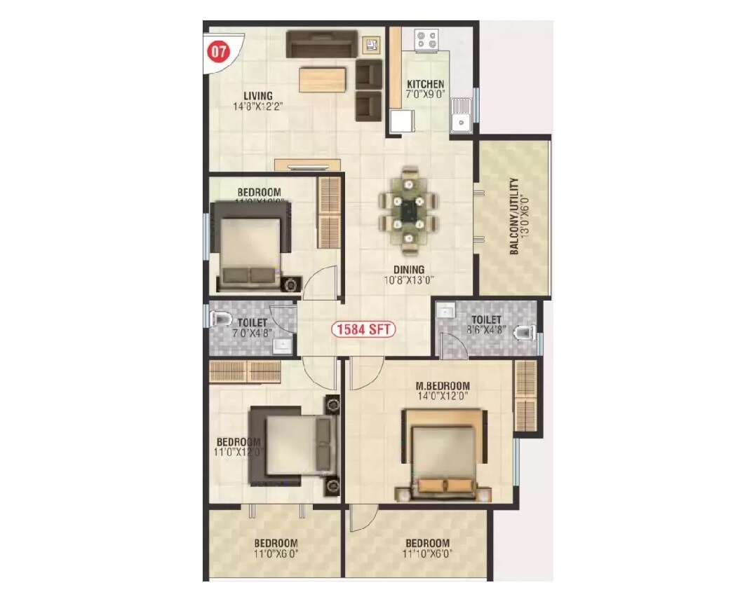 3 BHK 1584 Sq. Ft. Apartment