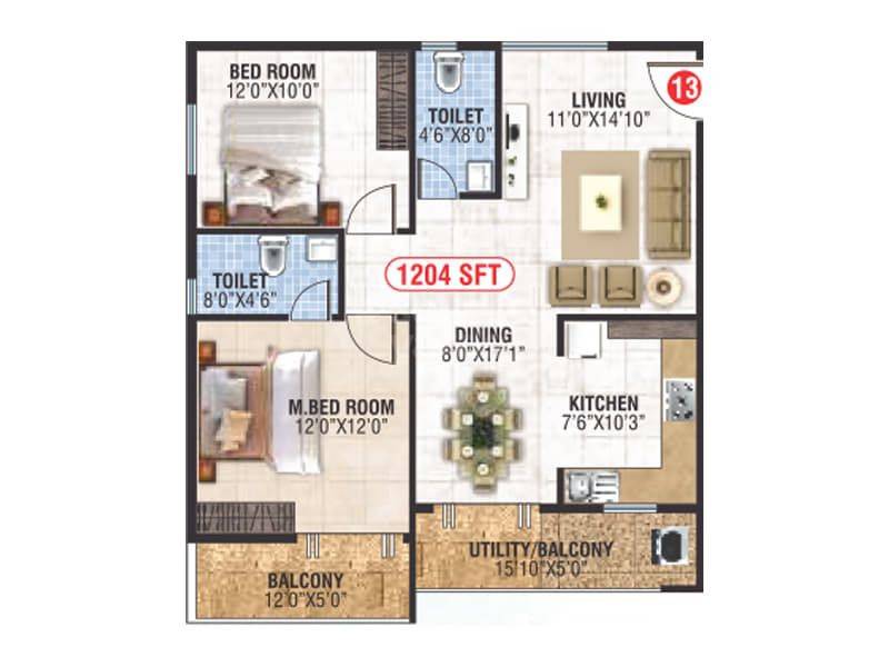 Floor plan of 2 BHK 1204 Sq. Ft. Apartment in Sri Sathvik Nandanam, Bangalore