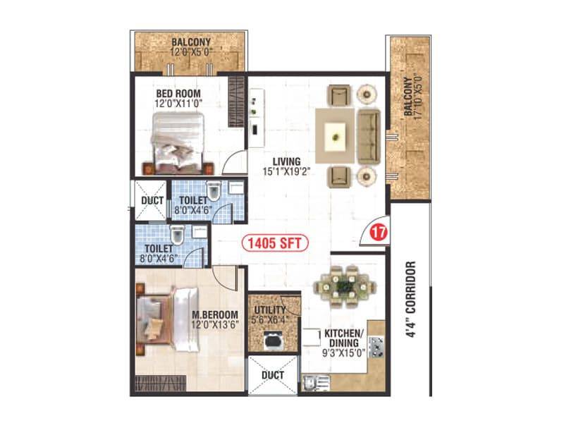 Floor plan of 2 BHK 1405 Sq. Ft. Apartment in Sri Sathvik Nandanam, Bangalore